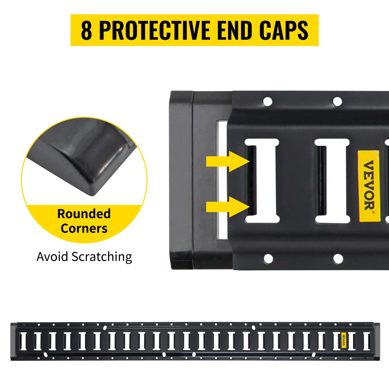 VEVOR e track tie-down rail kit with 8 protective end caps and rounded corners for scratch resistance.