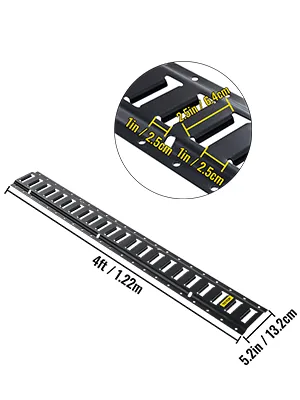 VEVOR e-track tie-down rail, 4ft long, 5.2in wide, with measurement details highlighted.