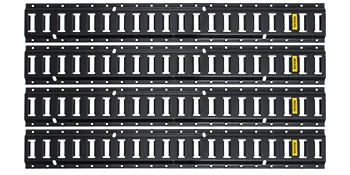 VEVOR e-track tie-down rail, horizontal black metal rails with attachment slots and yellow labels.