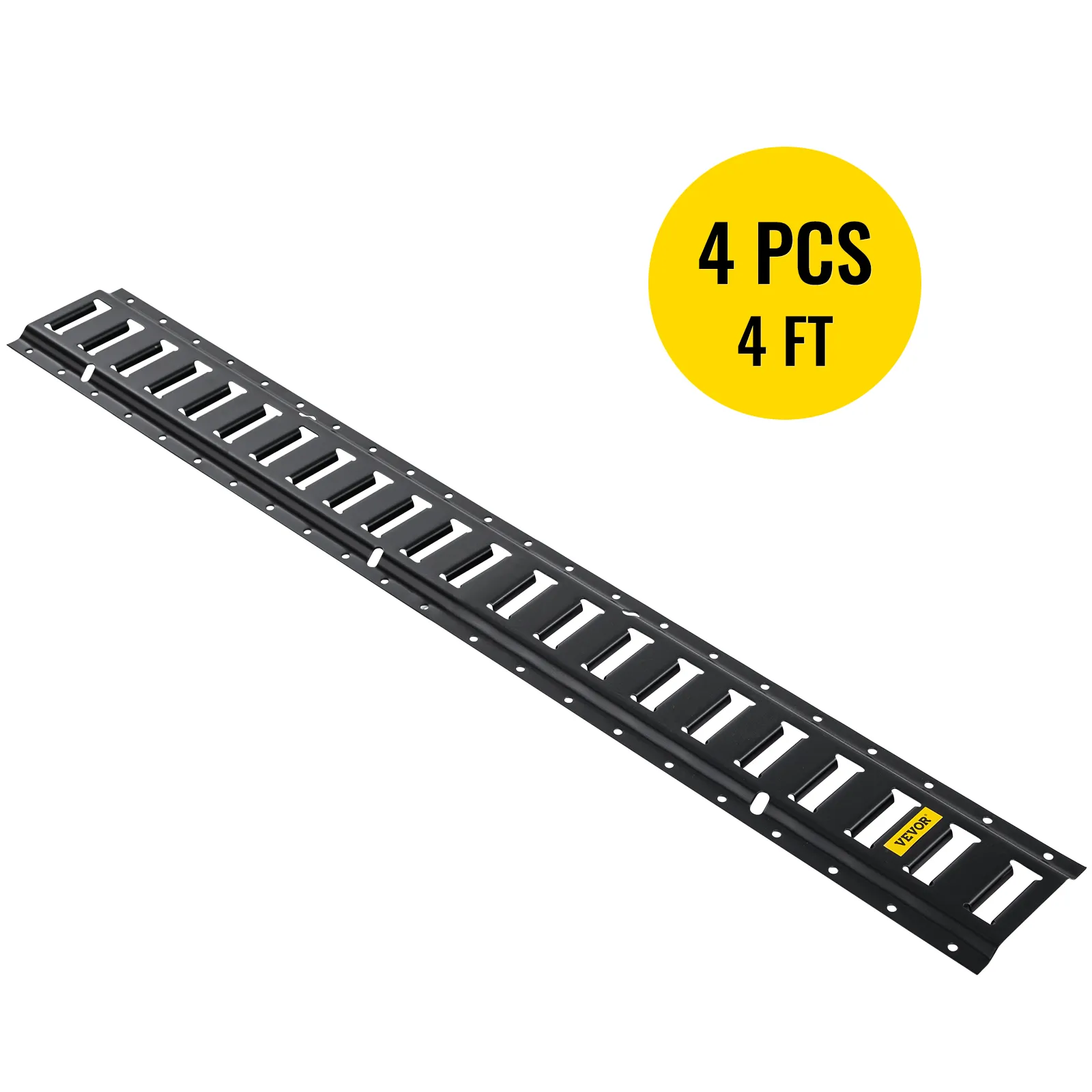4 pcs 4 ft black VEVOR e-track tie-down rail with yellow label and lattice design.