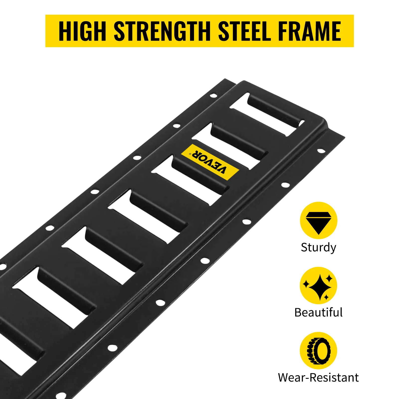 VEVOR e-track tie-down rail in black high-strength steel, sturdy, beautiful, and wear-resistant.