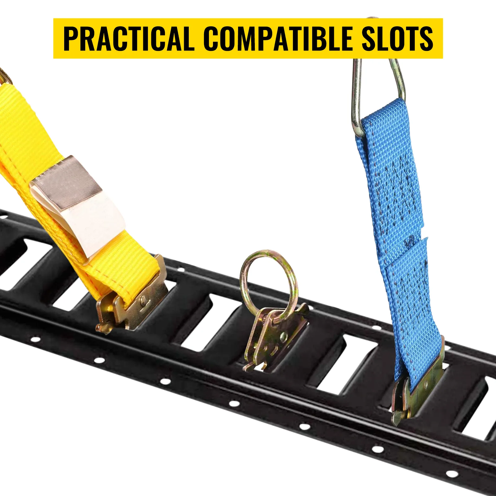 VEVOR e-track tie-down rail with yellow and blue straps securing to compatible slots.