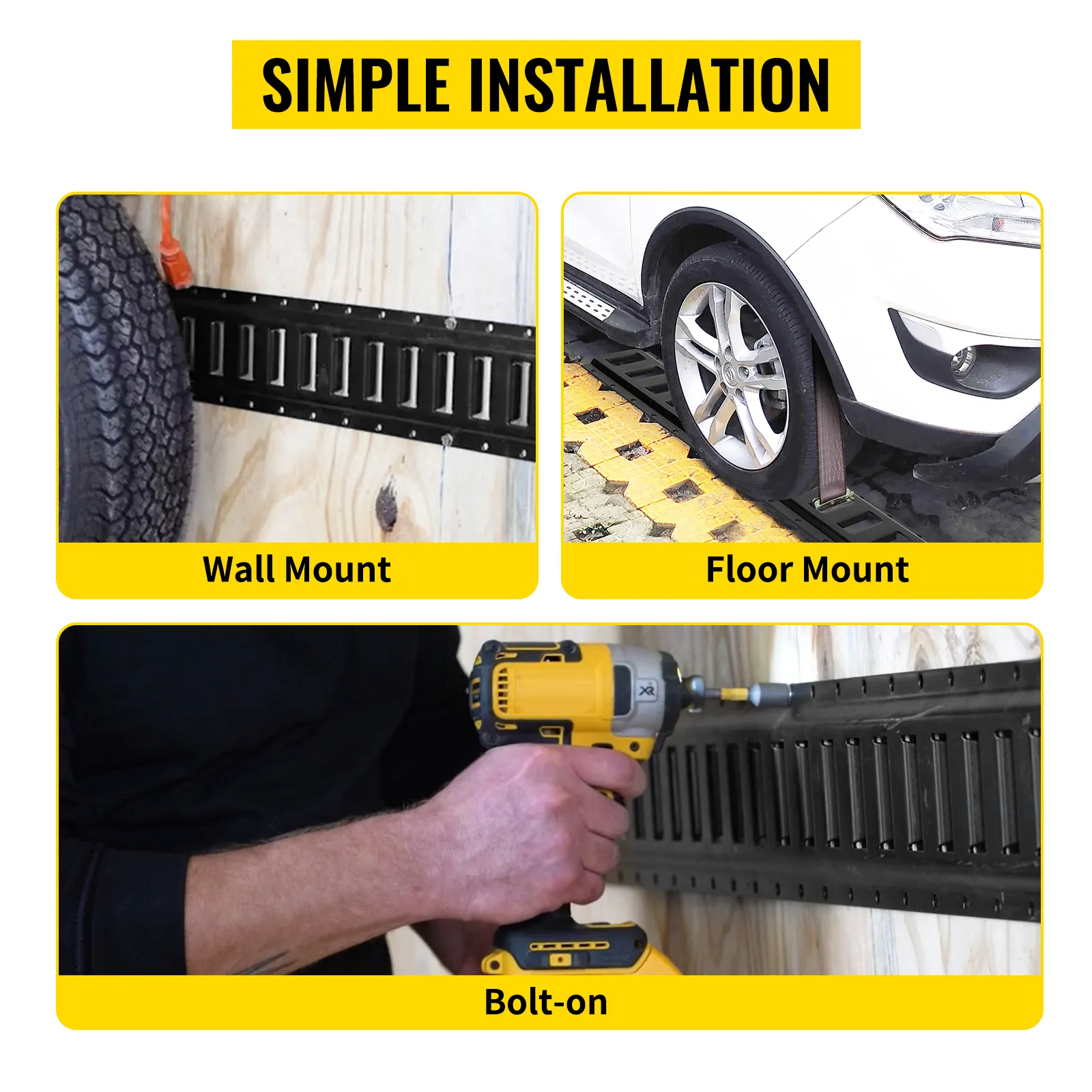 VEVOR e-track tie-down rail for wall and floor mount installation, shown with bolt-on setup.
