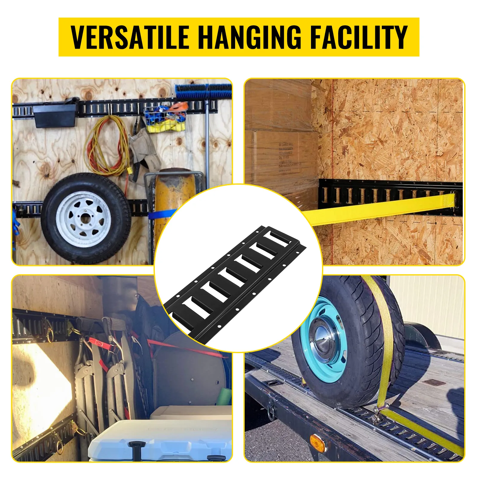 VEVOR e-track tie-down rail mounting options for tires, tools, cargo, and accessories. versatile solution.