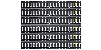 five black VEVOR e-track tie-down rails with yellow clips evenly spaced on a white background.