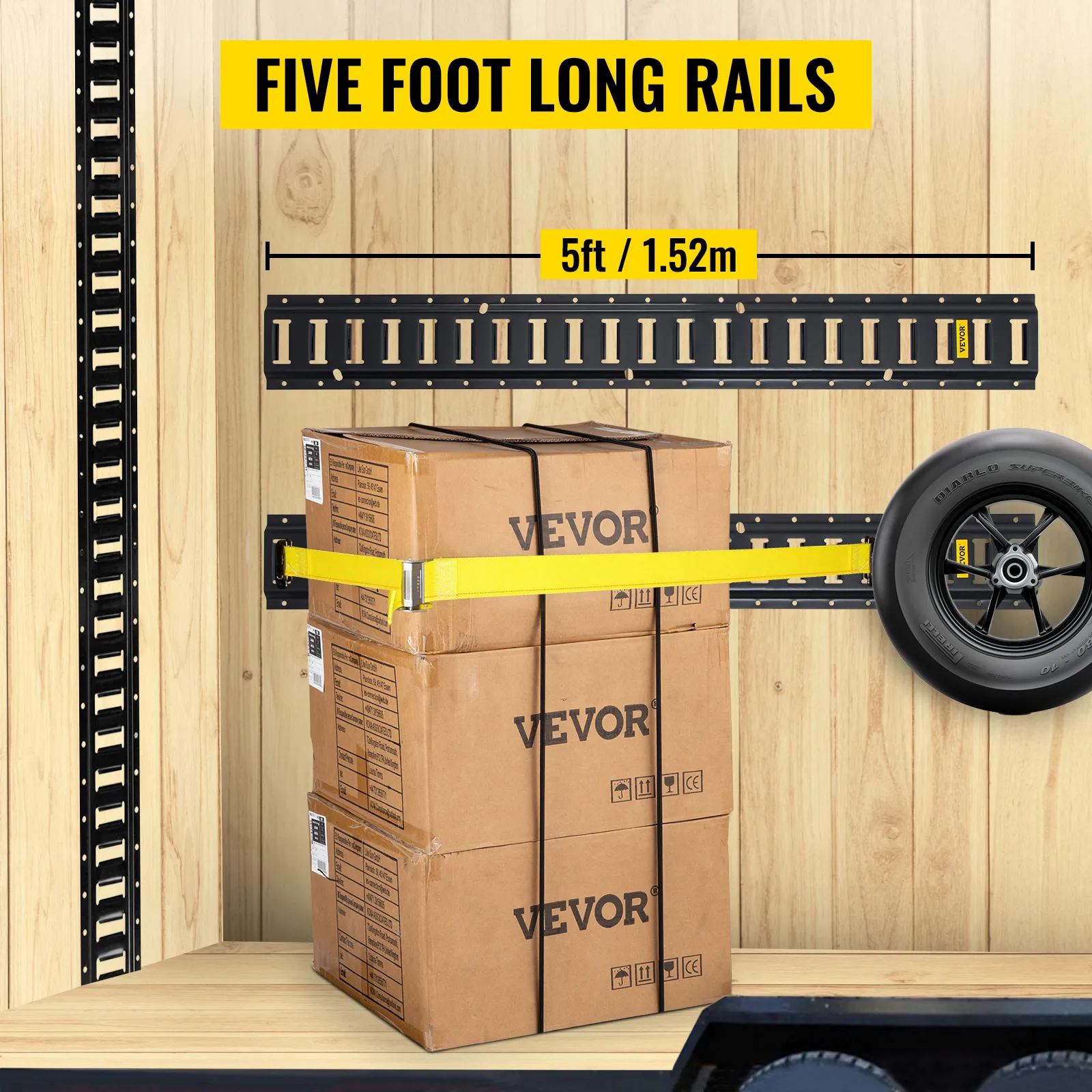 VEVOR e-track tie-down rail on wooden wall securing boxes and tire, 5ft length.