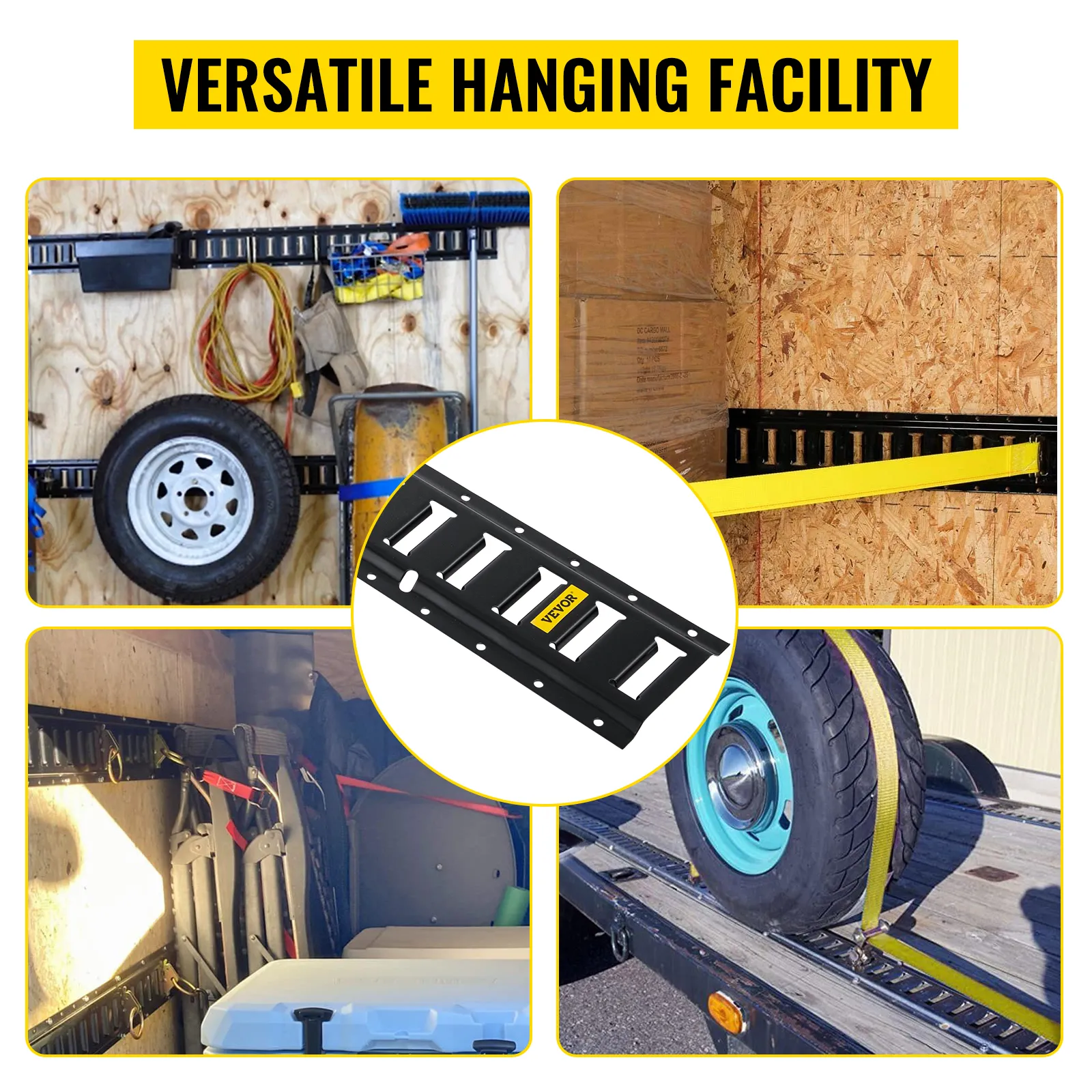 VEVOR e-track tie-down rail used to secure tools, tires, and equipment in various setups. versatile hanging facility.