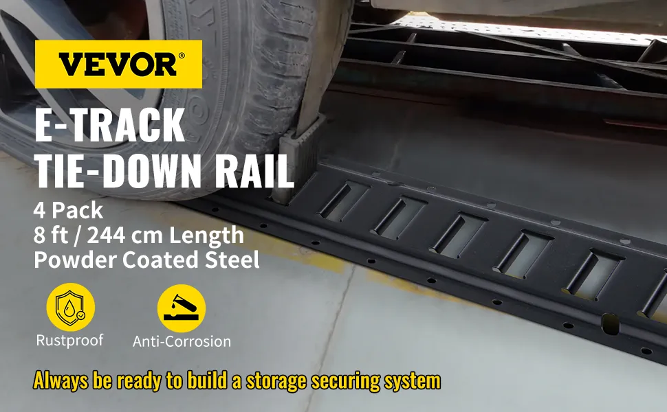 VEVOR e-track tie-down rail under a car wheel, 8 ft length, rustproof, anti-corrosion.