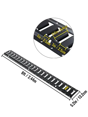 VEVOR e-track tie-down rail, 8ft/2.44m long, 5.2in/13.2cm wide, 2.5cm slot intervals.