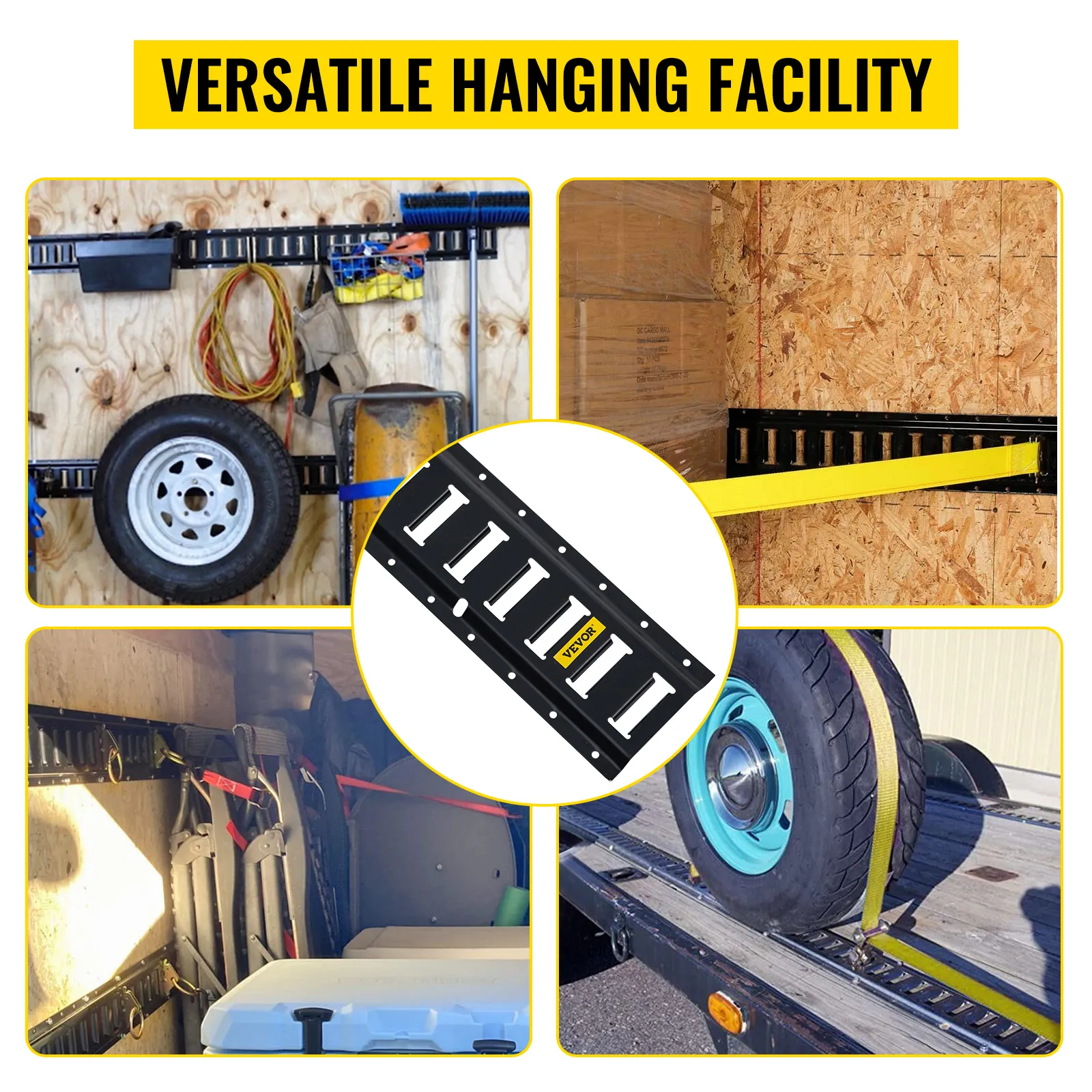 VEVOR e-track tie-down rail for versatile mounting and cargo securing in various settings.