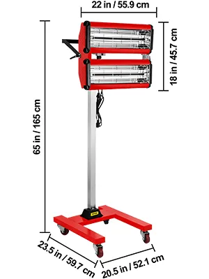 Lámpara de curado de pintura por infrarrojos VEVOR con dimensiones indicadas, unidad roja de doble cabezal sobre ruedas.