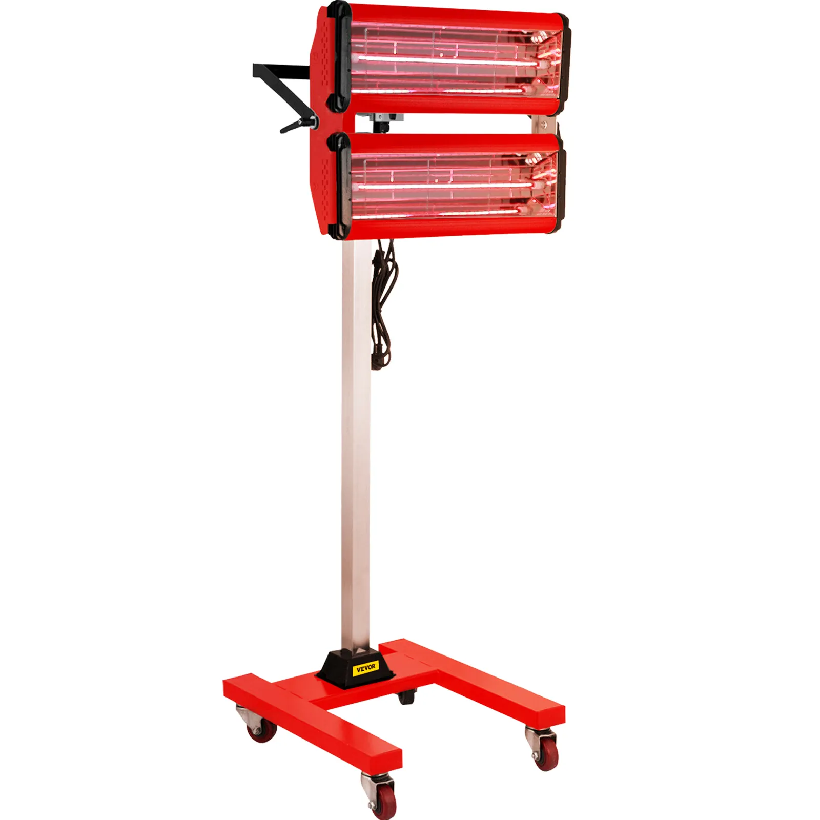 Lámpara de curado de pintura por infrarrojos VEVOR roja sobre soporte con ruedas y paneles calefactores dobles.