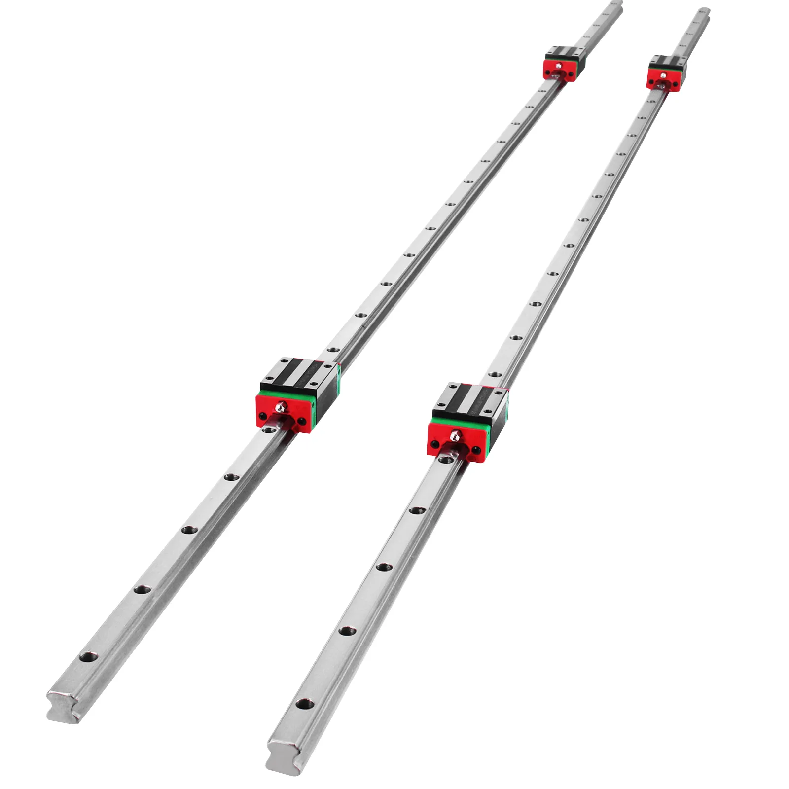 two precision VEVOR linear rail hsr15 with red and green bearing blocks.