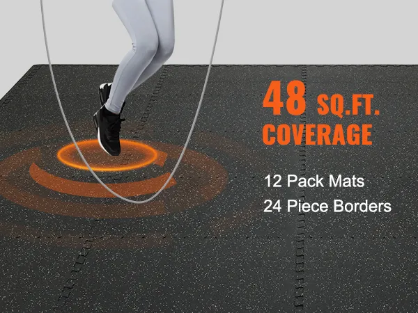 jump rope exercise on VEVOR gym floor mats, 48 sq.ft. coverage, 12 pack mats, 24 piece borders.