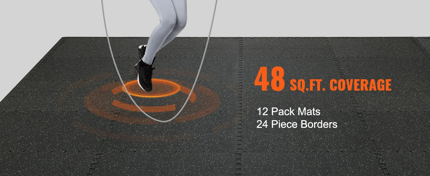 jump rope exercise on VEVOR gym floor mats, 48 sq.ft. coverage, 12 pack mats, 24 piece borders.