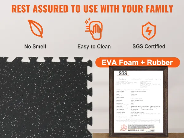 VEVOR gym floor mats in eva foam and rubber, no smell, sgs certified, and easy to clean.