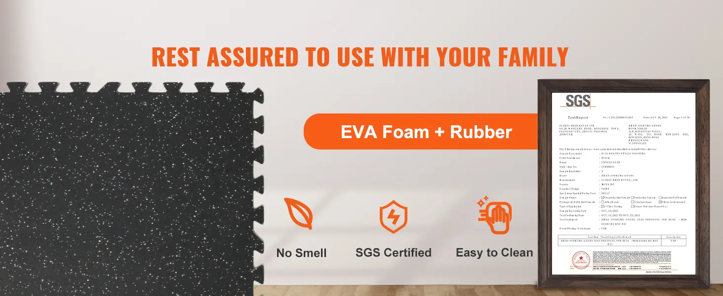 VEVOR gym floor mats in eva foam and rubber, no smell, sgs certified, and easy to clean.