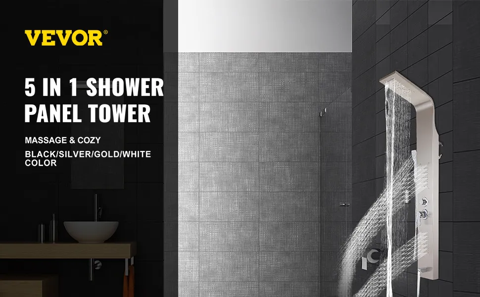 VEVOR panel tower system in modern bathroom with gray tiles and vessel sink.