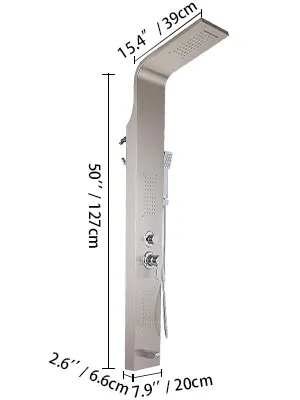 VEVOR panel tower system with overhead, hand shower, and dimensions marked.