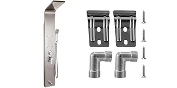 VEVOR panel tower system with showerhead, fittings, brackets, screws, and elbow pipes.