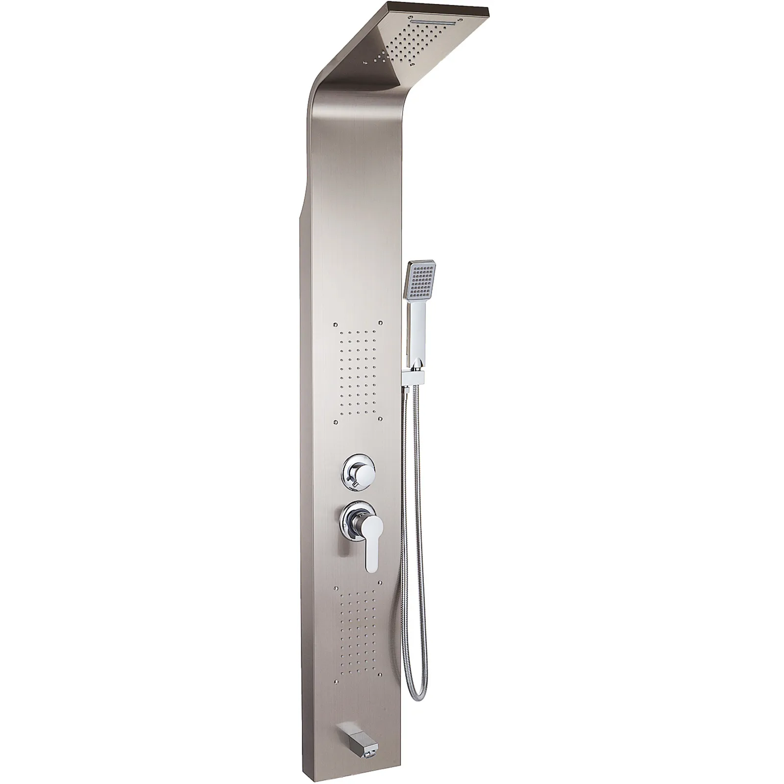 brushed stainless steel VEVOR panel tower system with a handheld showerhead.