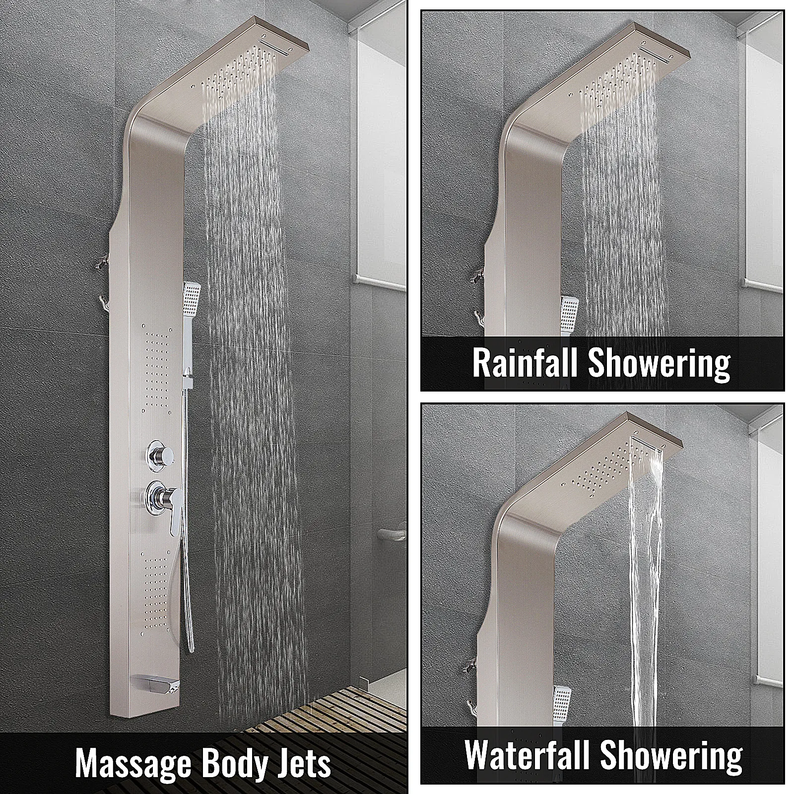 VEVOR panel tower system with rainfall, waterfall, and massage body jet options.