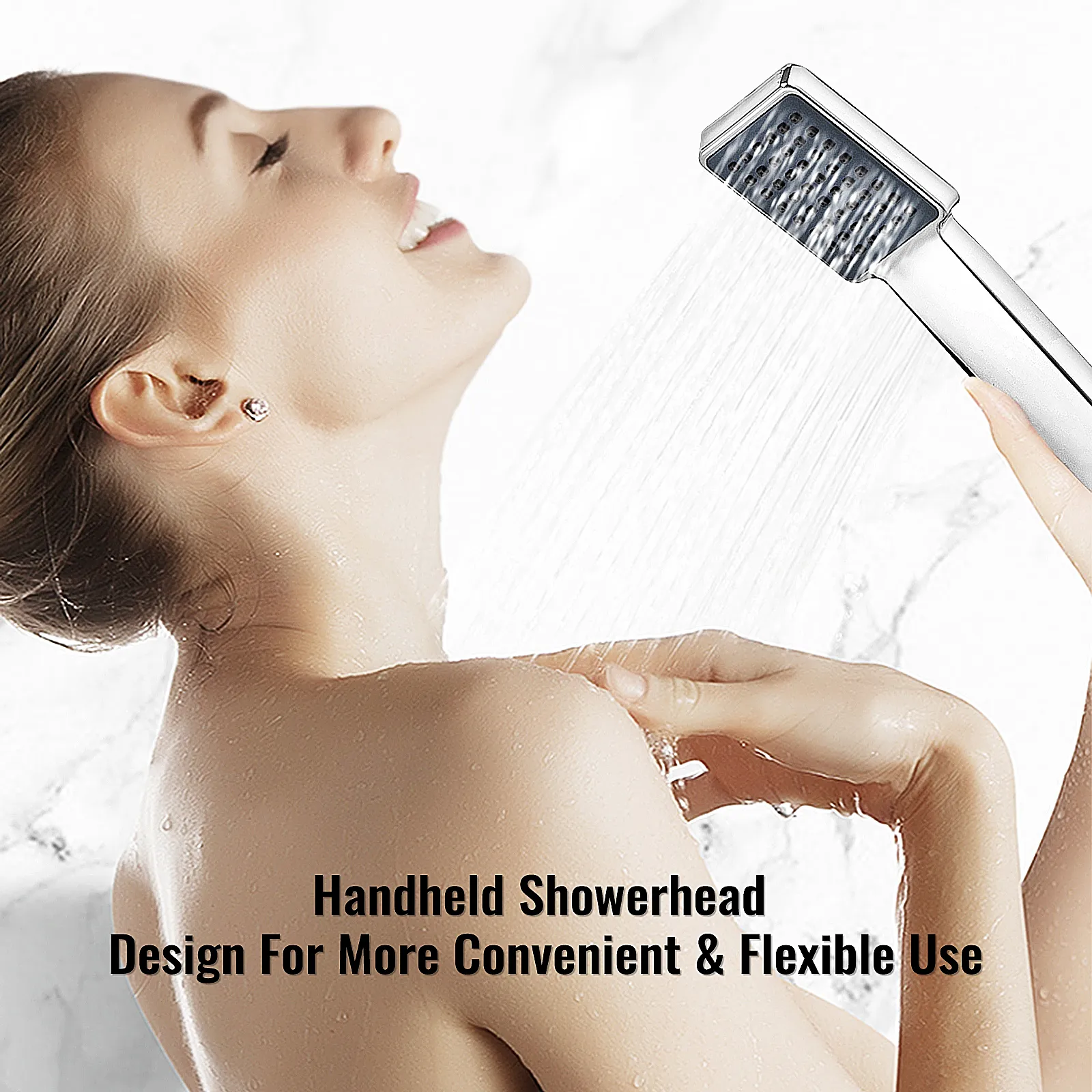 handheld showerhead in use, showcasing water spray and ergonomic design.