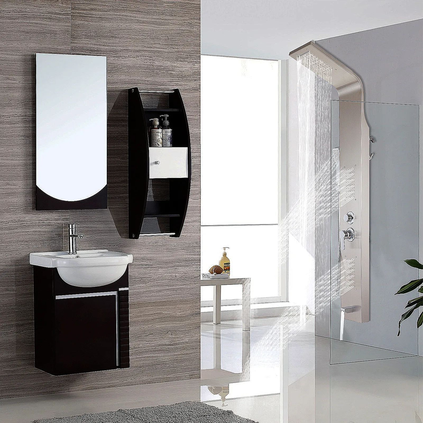 modern bathroom with wood paneling, wall-mounted sink, and VEVOR panel tower system in shower.