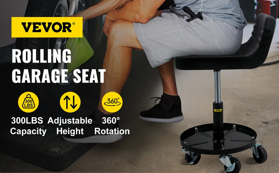 VEVOR rolling garage seat with 300lbs capacity, adjustable height, and 360° rotation.