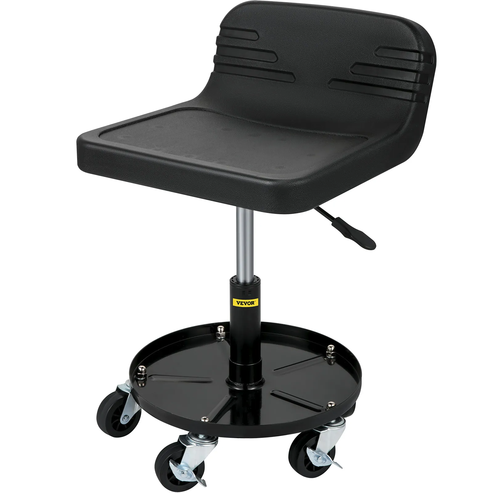 VEVOR rolling garage stool with black cushioned seat and caster wheels.