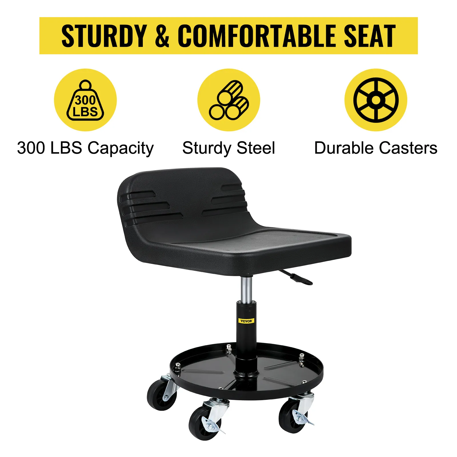 VEVOR rolling garage stool with 300 lbs capacity, sturdy steel seat, and durable casters.