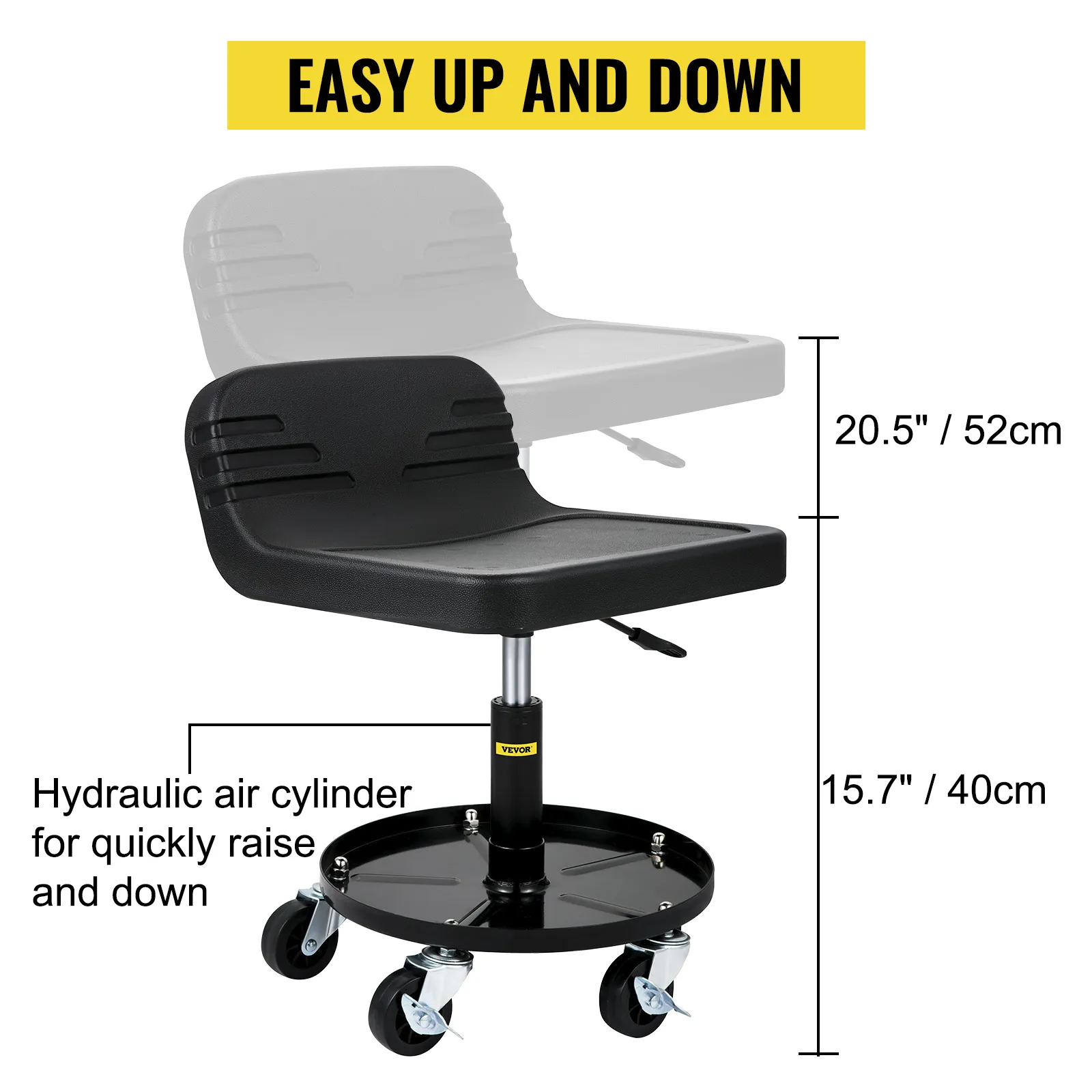 VEVOR rolling garage stool with hydraulic air cylinder, height adjusts easily between 15.7"/40cm and 20.5"/52cm.