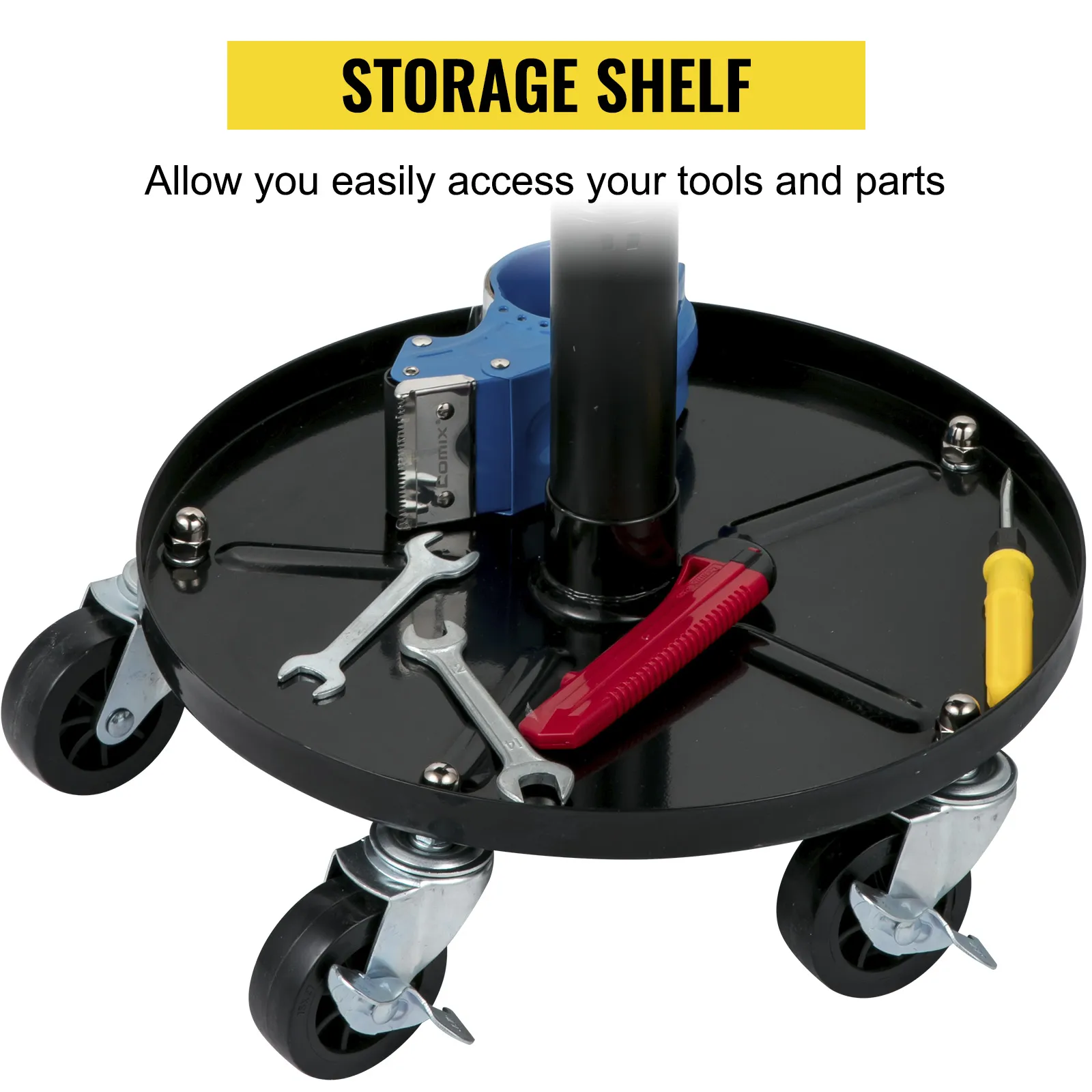 VEVOR rolling garage stool with storage shelf and caster wheels, holding tools and parts.