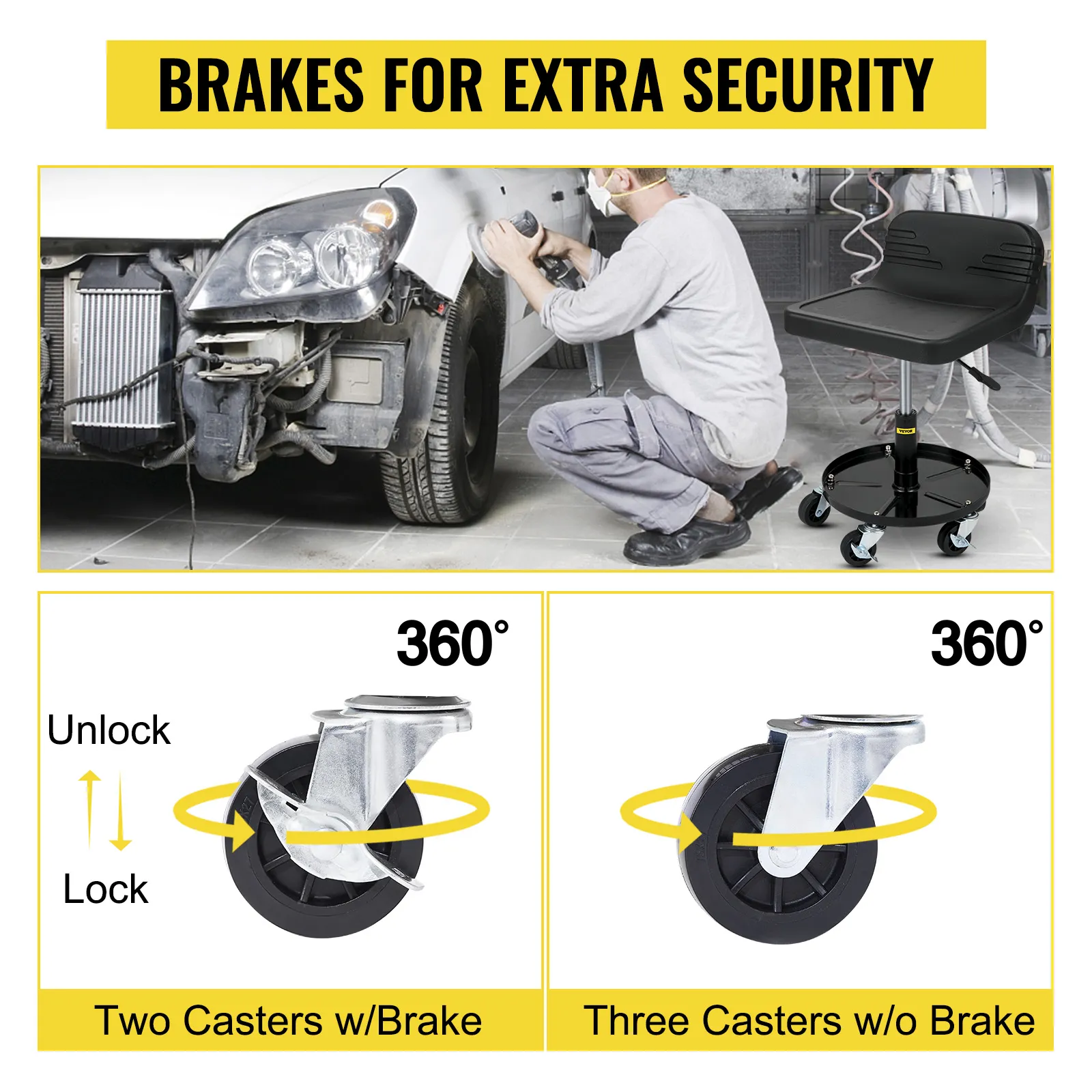 mechanic using VEVOR rolling garage stool with brakes for secure and convenient work.