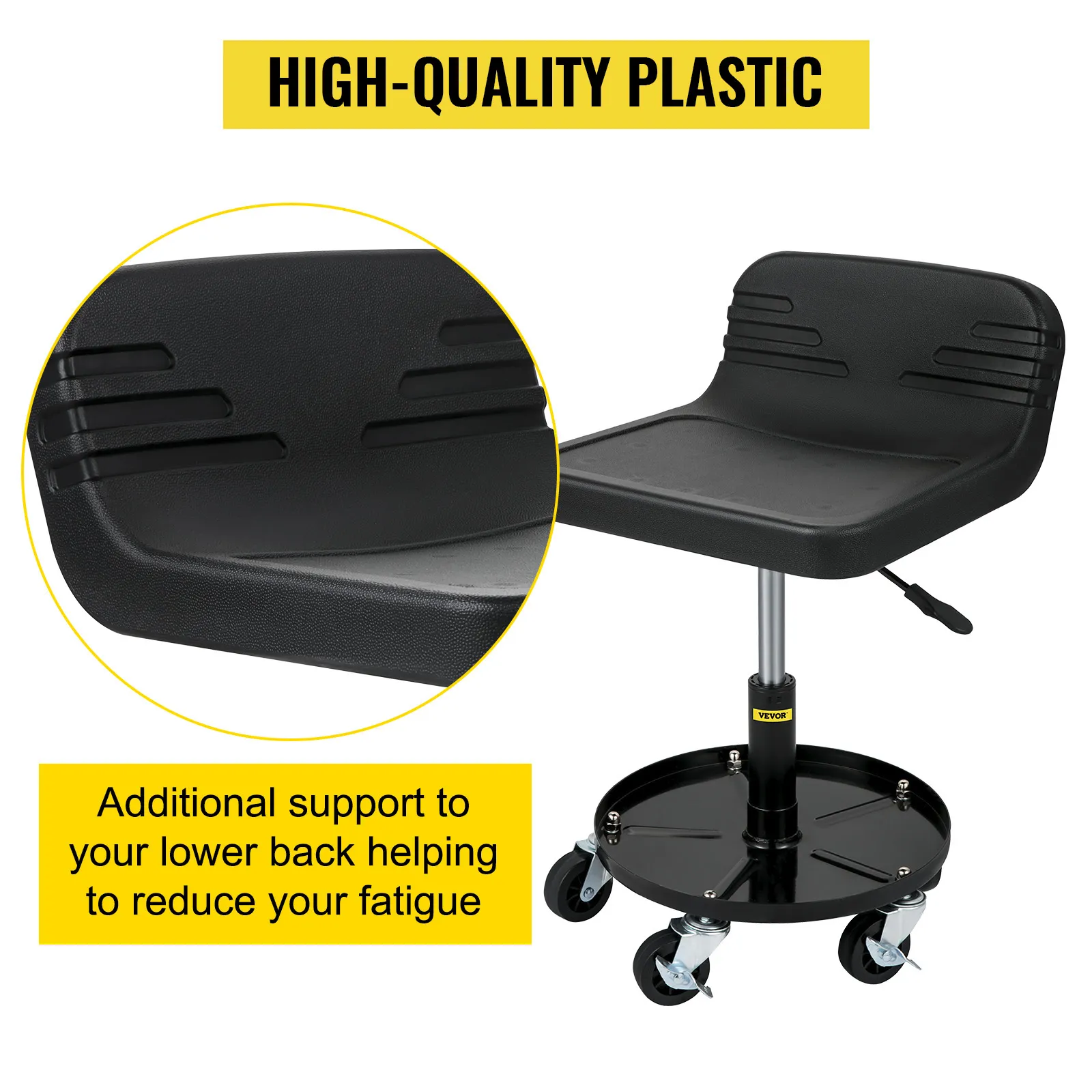VEVOR rolling garage stool with backrest support and high-quality plastic seat.