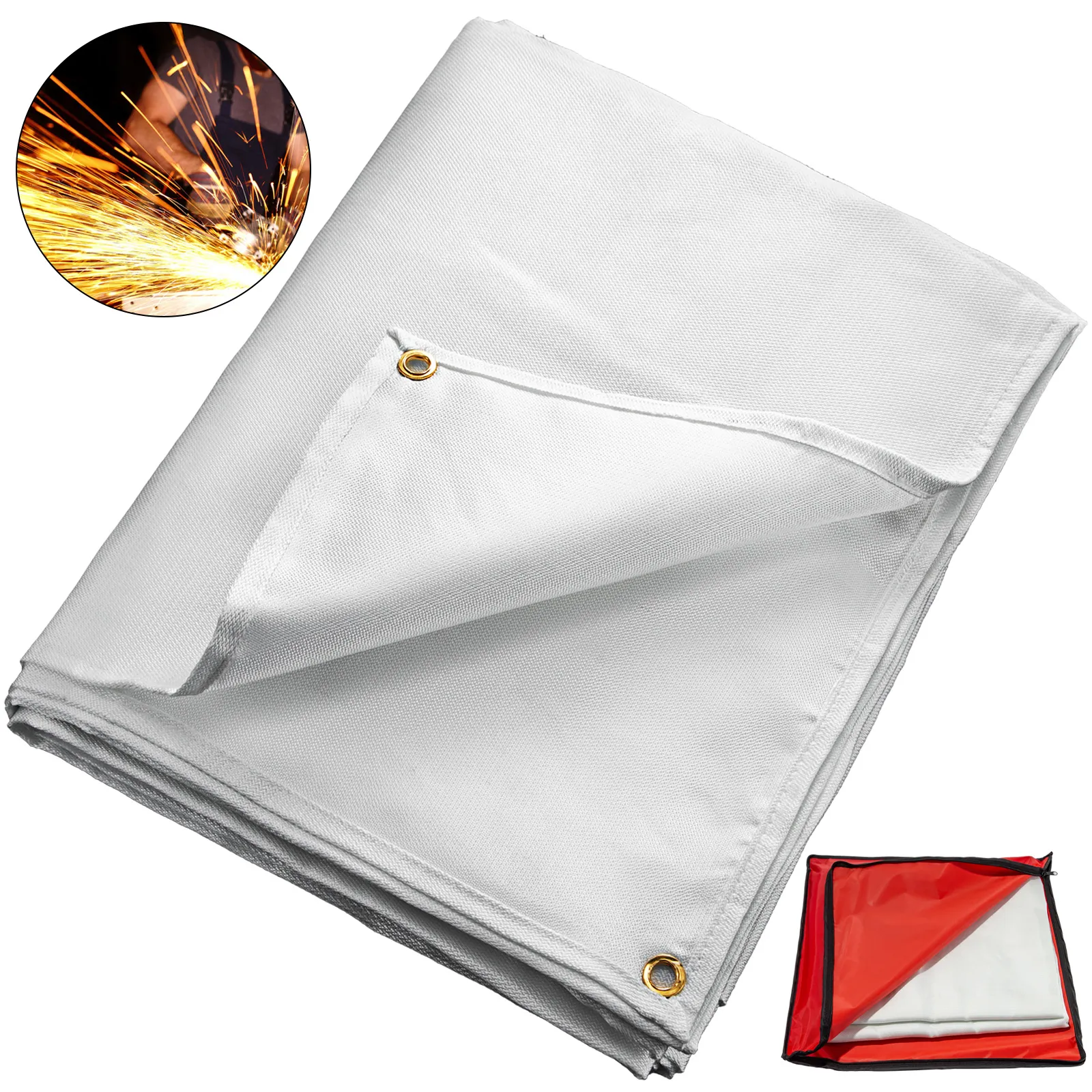 white VEVOR welding blanket folded with grommets, sparks, and red storage bag.