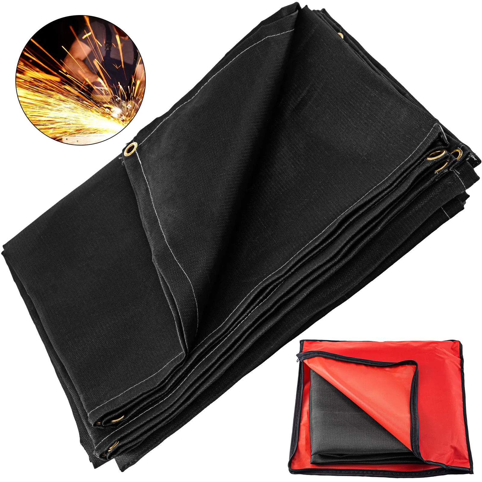 VEVOR welding blanket folded with sparks and protective carrying case.