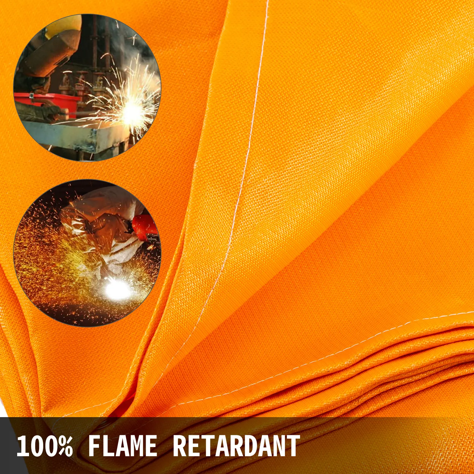 VEVOR welding blanket, orange, flame retardant, with welding sparks in background.