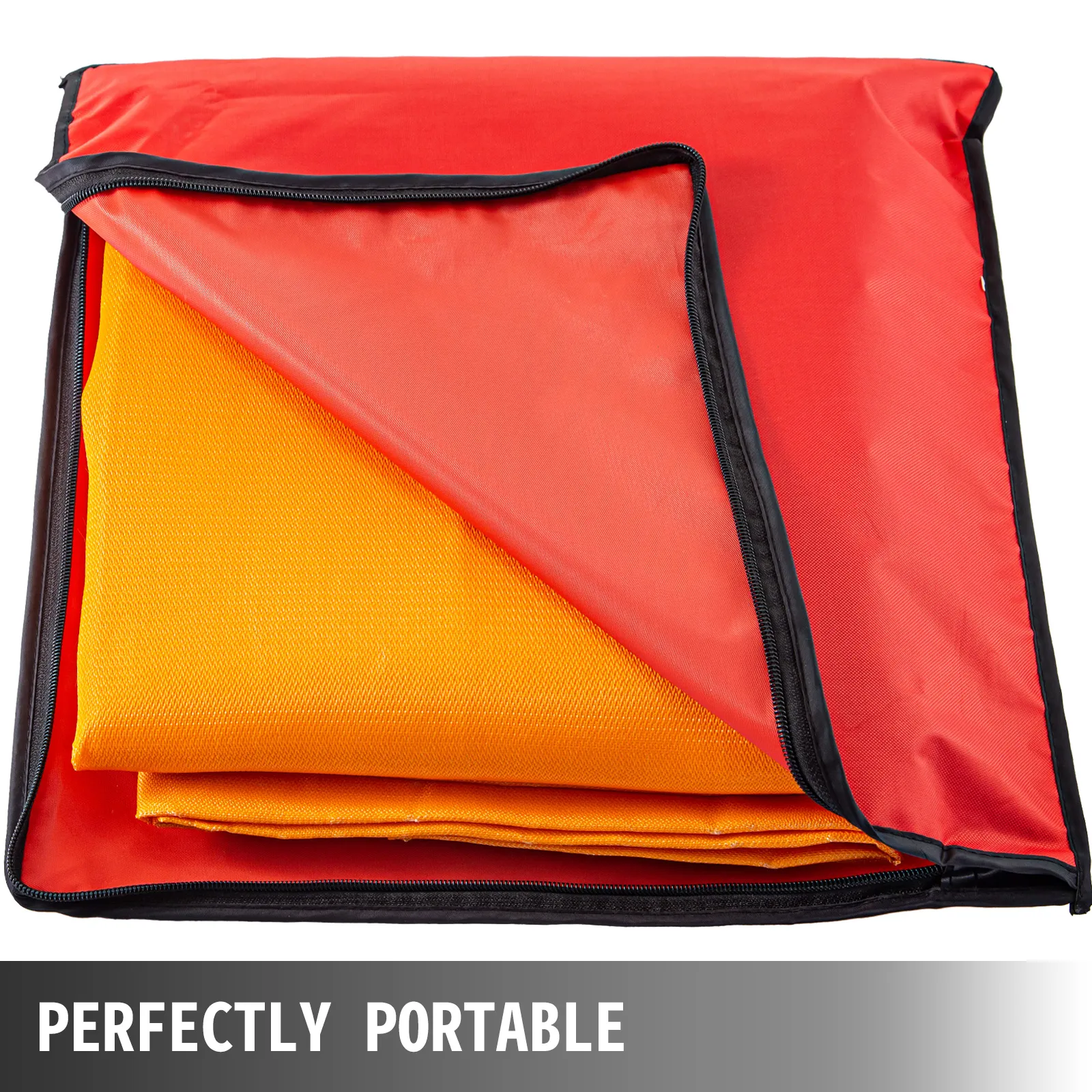 VEVOR welding blanket, orange and folded inside red zippered case, perfectly portable.