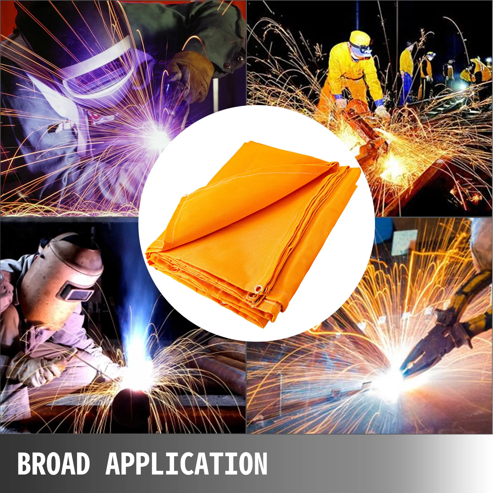 VEVOR welding blanket in use by various welders, showcasing broad application.