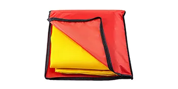 red and yellow VEVOR welding blanket in a folded state with black edges.