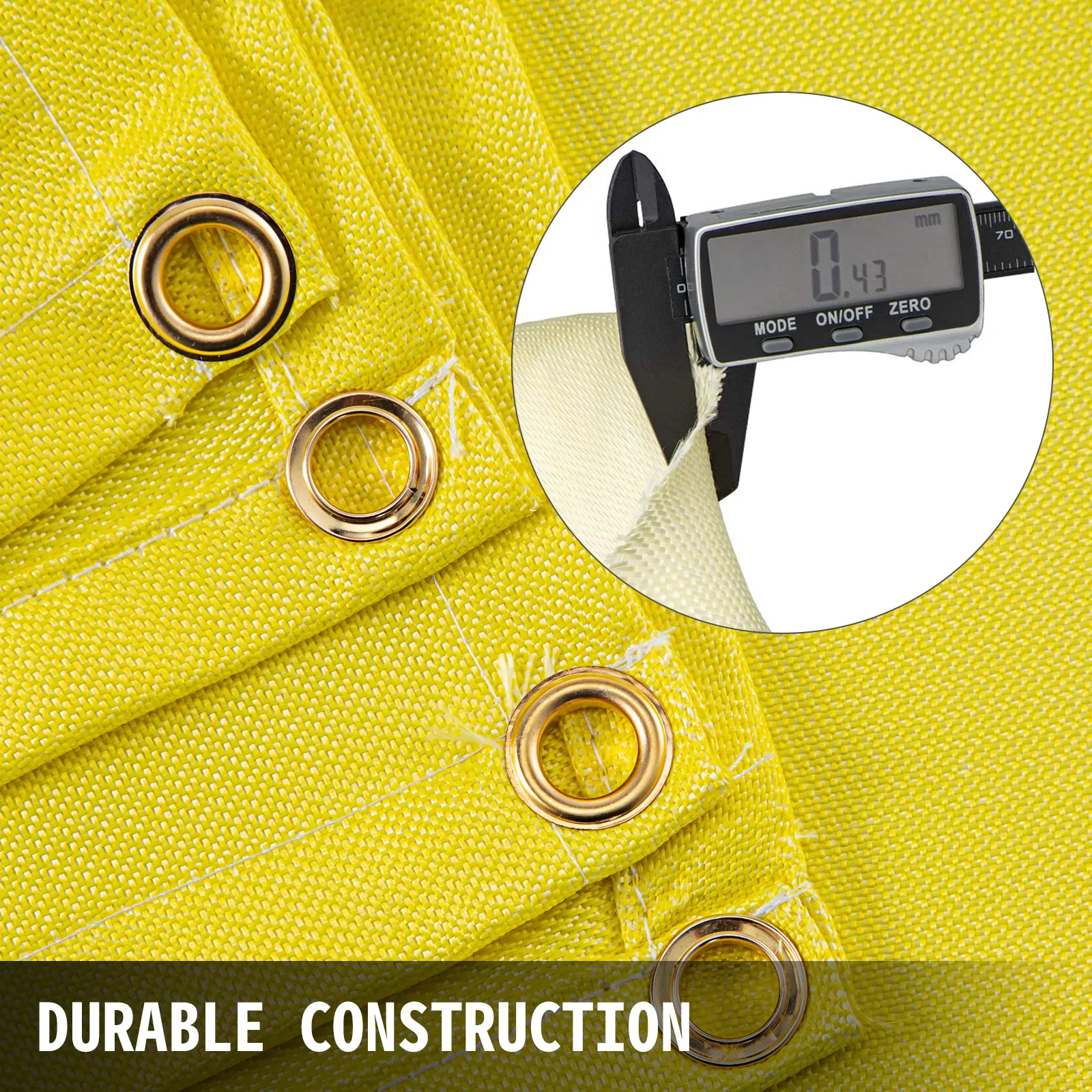 VEVOR welding blanket with metal grommets and 0.43 mm thickness measurement.