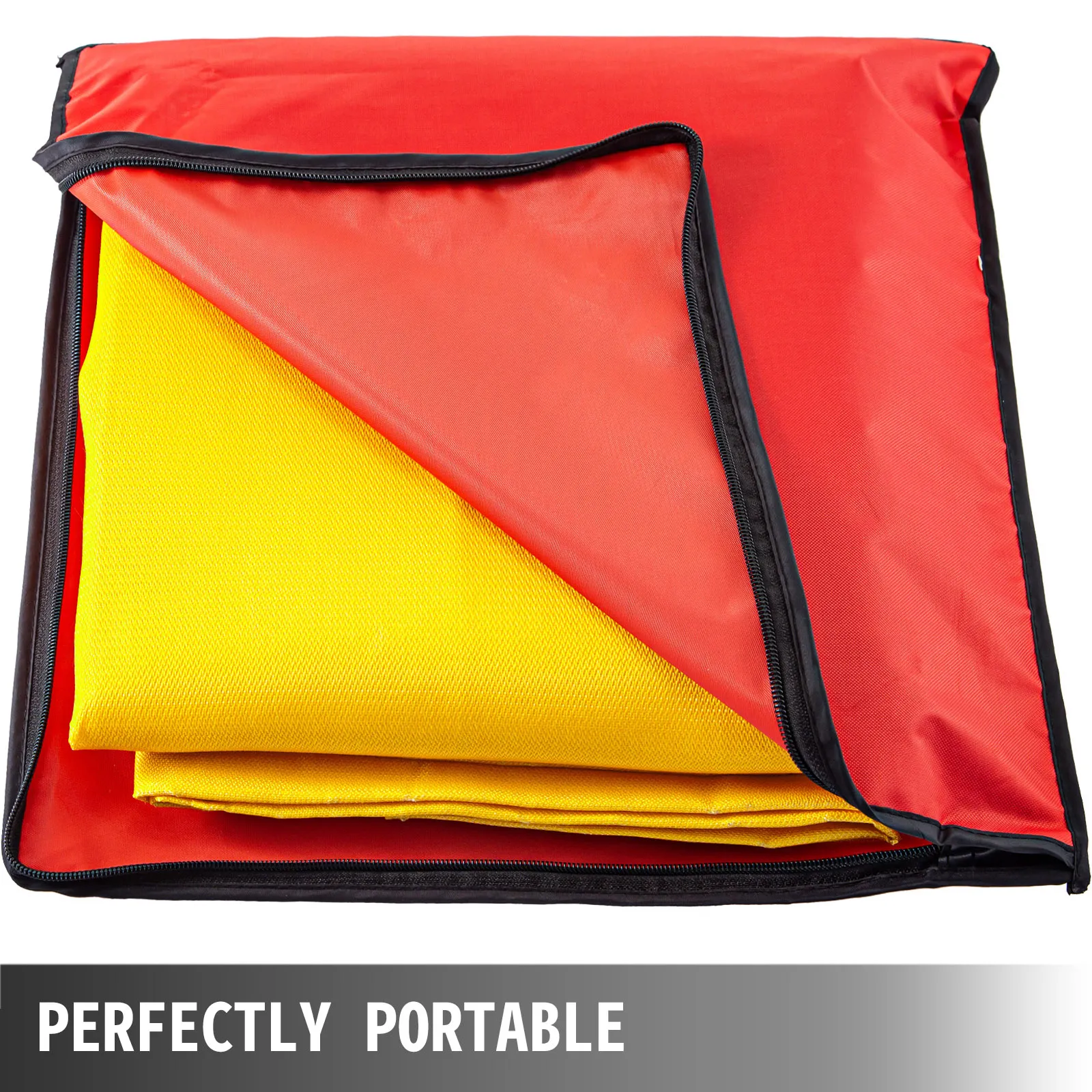 portable red and yellow VEVOR welding blanket folded neatly in a zippered case.