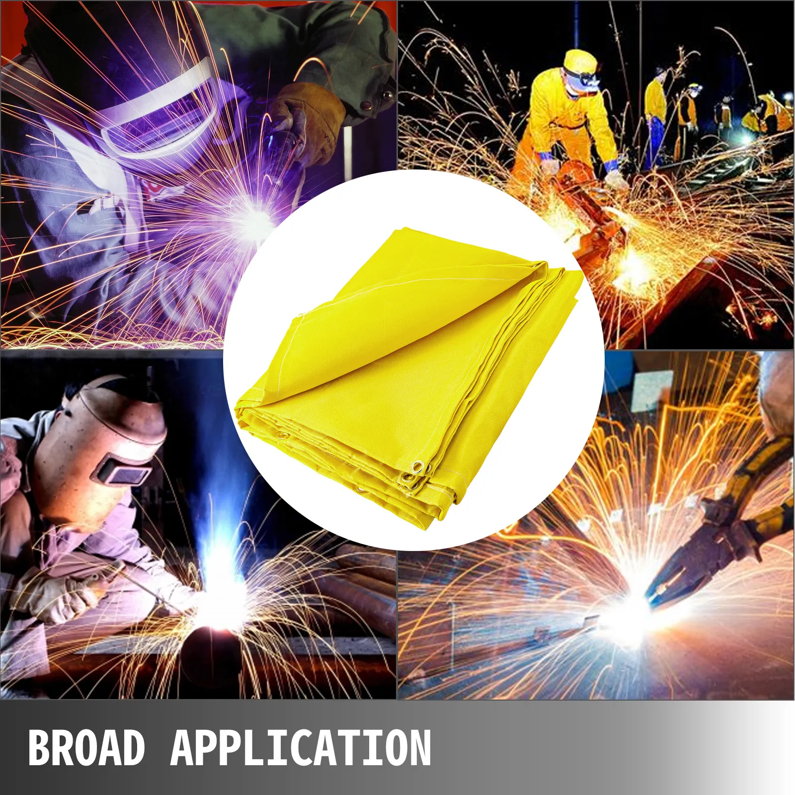 VEVOR welding blanket showcased with multiple welding activities and safety gear.