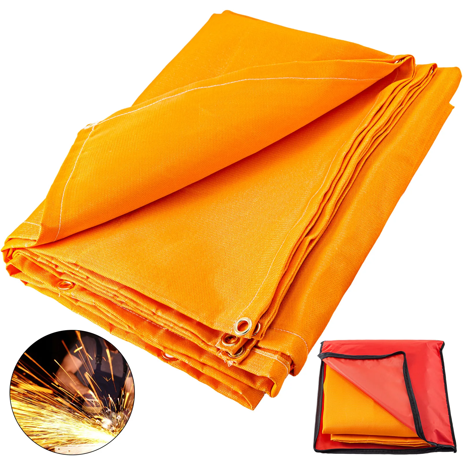 Manta de soldadura VEVOR en color naranja brillante con ojales, chispas y bolsa de almacenamiento.