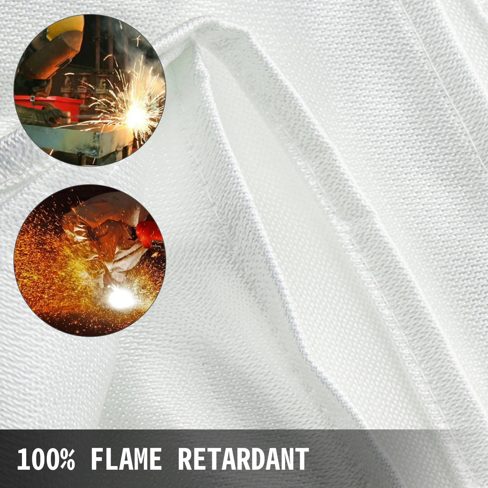 100% flame retardant VEVOR welding blanket with close-ups of welding sparks.