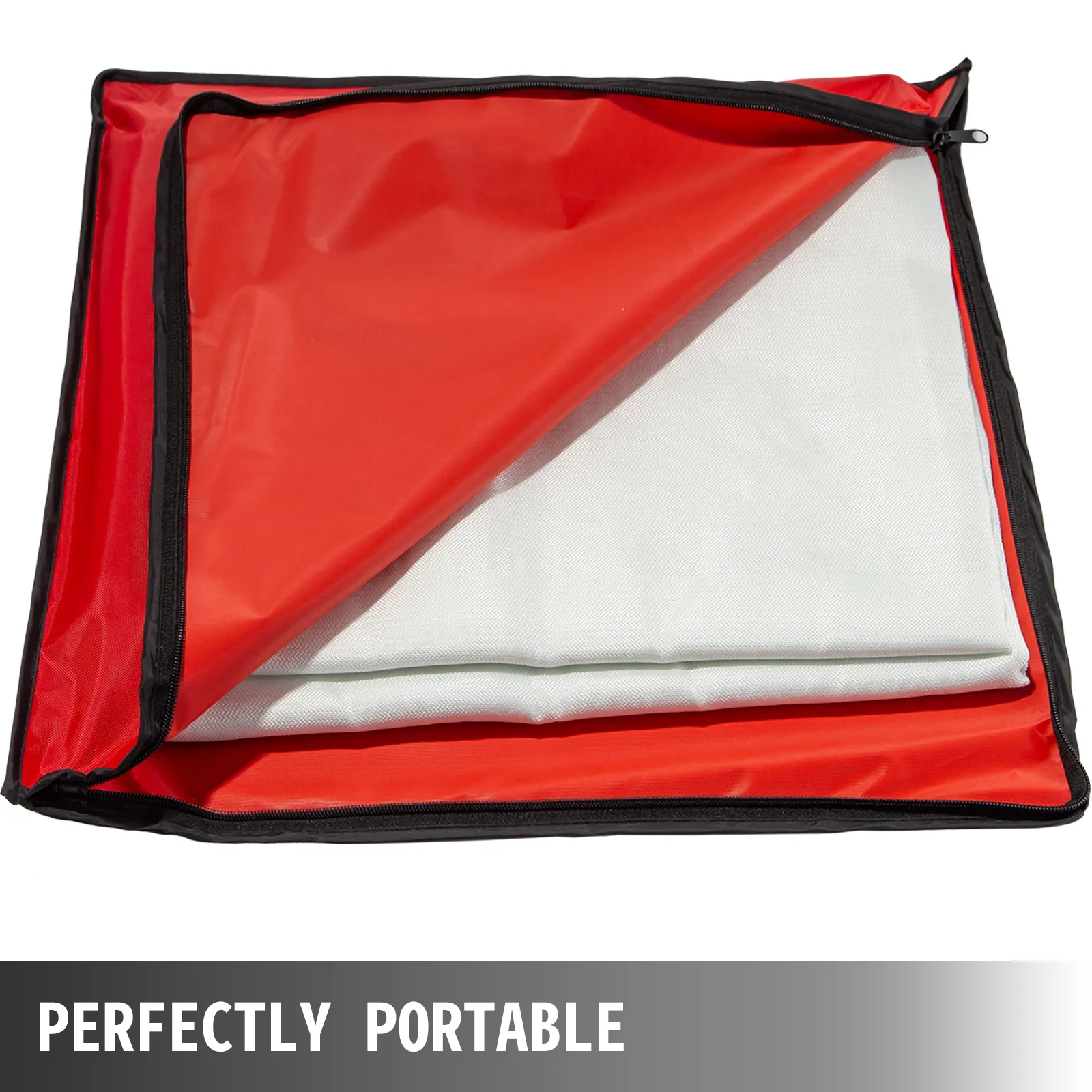 VEVOR welding blanket in red and white carry case, labeled "perfectly portable".