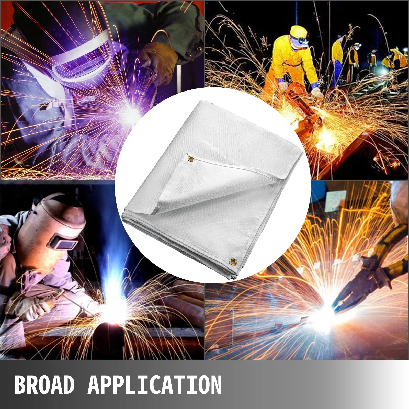 VEVOR welding blanket in use during various bright and intense welding scenes.
