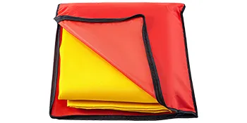 red and yellow VEVOR welding blanket folded with black edging.
