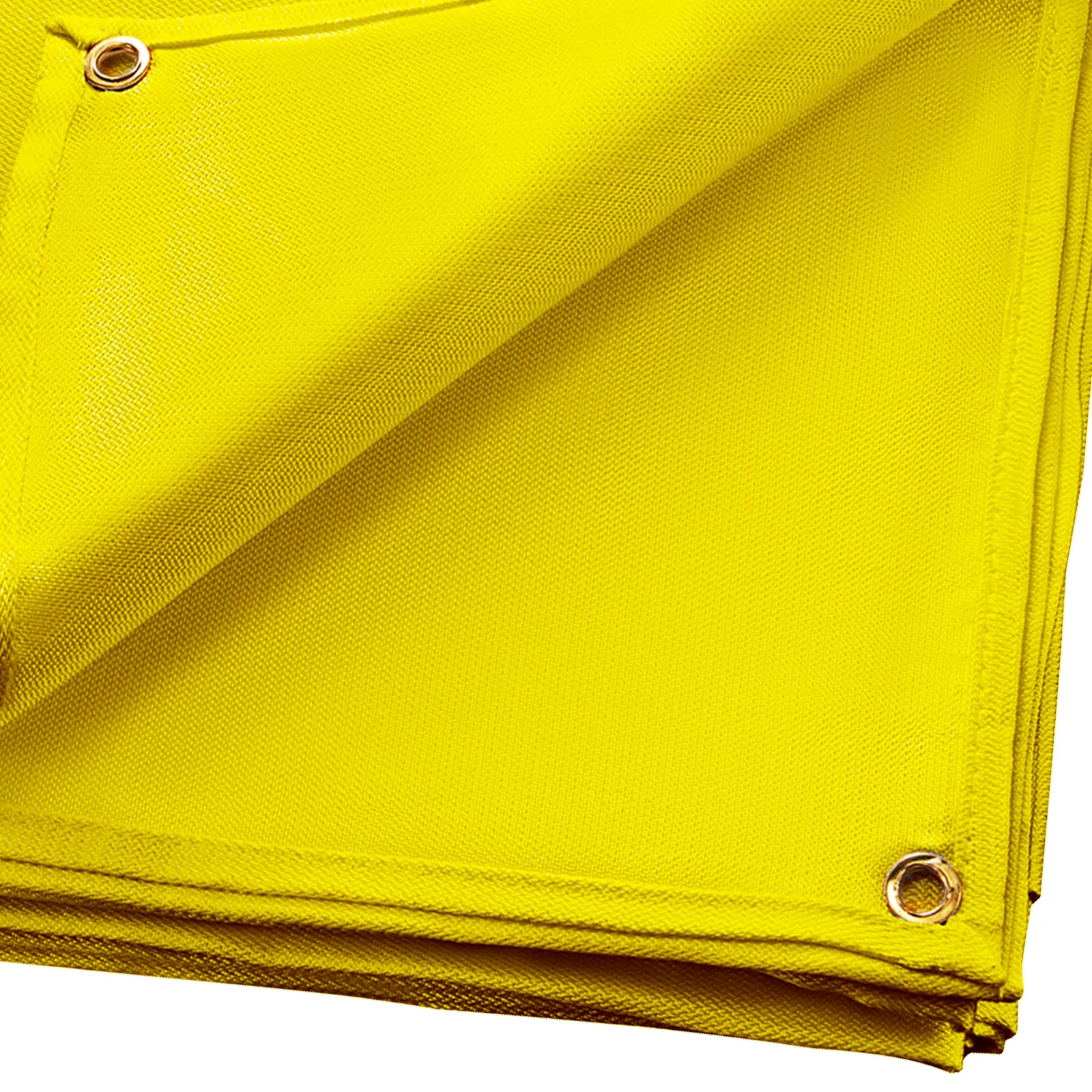 yellow VEVOR welding blanket with metal grommets in corners.